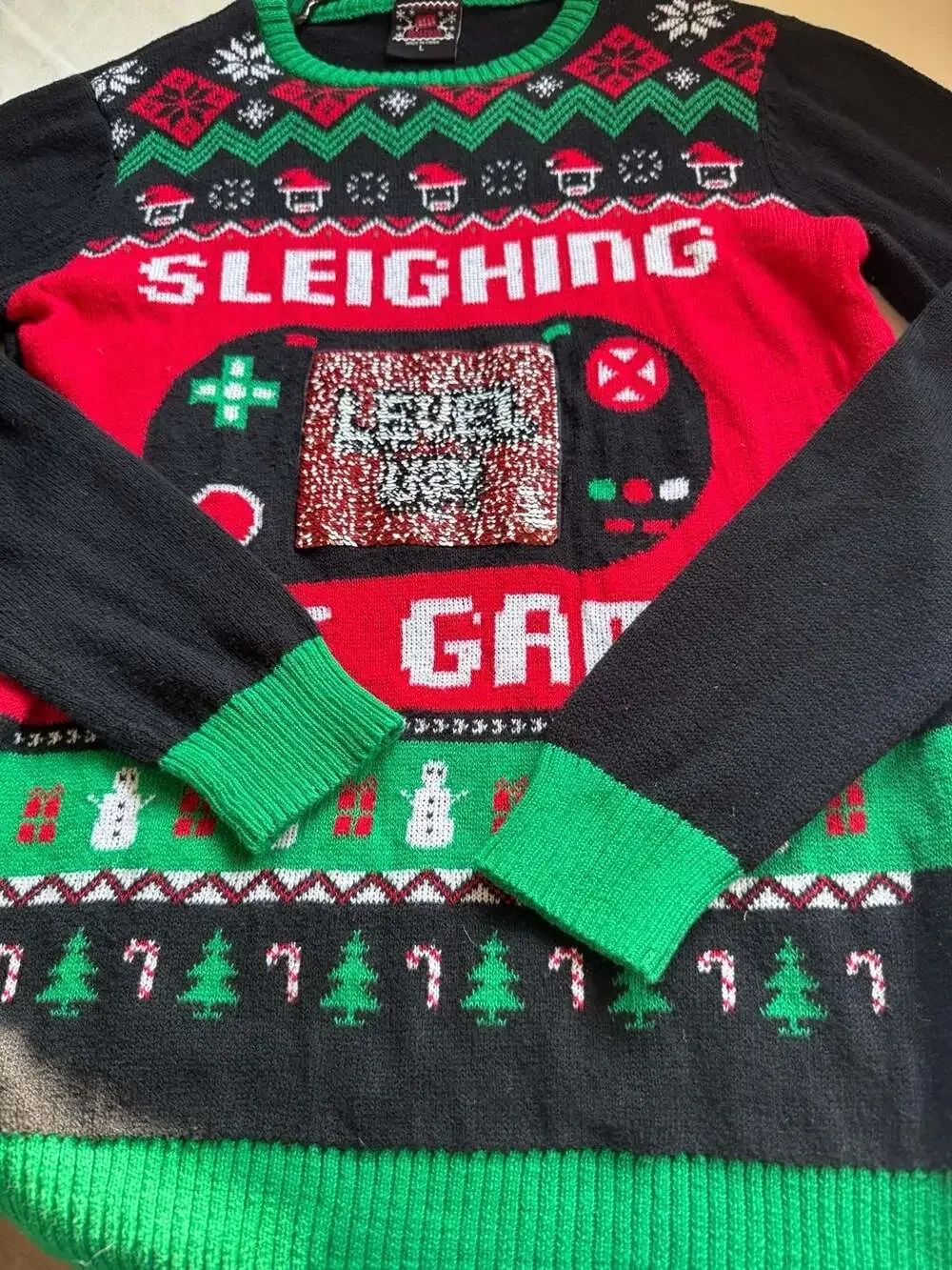 Youth Ugly Christmas Sweater Gamer Sequin Sleighing The Game Kids Size L